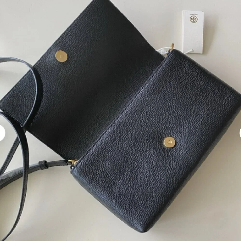 NWT！NEW！Tory Burch Blake Flap Pebbled Leather Crossbody Large Black -Women Bag